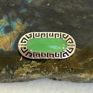 Sterling Silver 925 Oval Green Stone Greek Key Cut Out Brooch
